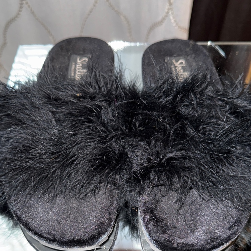 Shellys London Black Fuzzy Slide Sandals